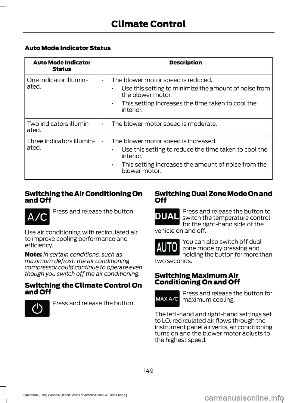 FORD EXPEDITION 2021  Owners Manual Auto Mode Indicator Status
Description
Auto Mode Indicator
Status
One indicator illumin-
ated. •
The blower motor speed is reduced.
•Use this setting to minimize the amount of noise from
the blowe