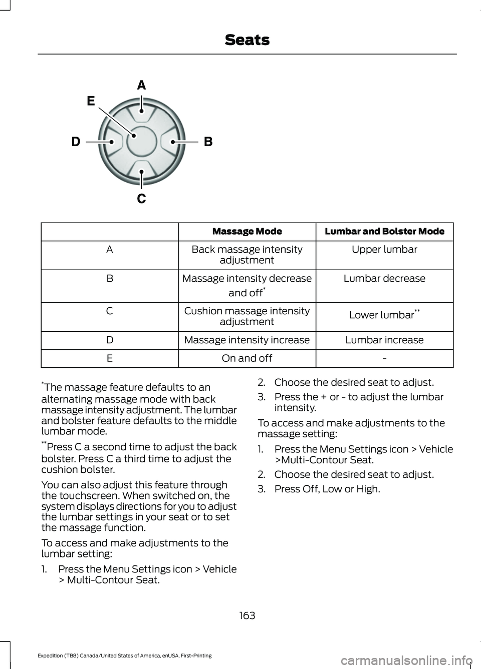 FORD EXPEDITION 2021  Owners Manual Lumbar and Bolster Mode
Massage Mode
Upper lumbar
Back massage intensity
adjustment
A
Lumbar decrease
Massage intensity decrease
and off*
B
Lower lumbar**
Cushion massage intensity
adjustment
C
Lumbar