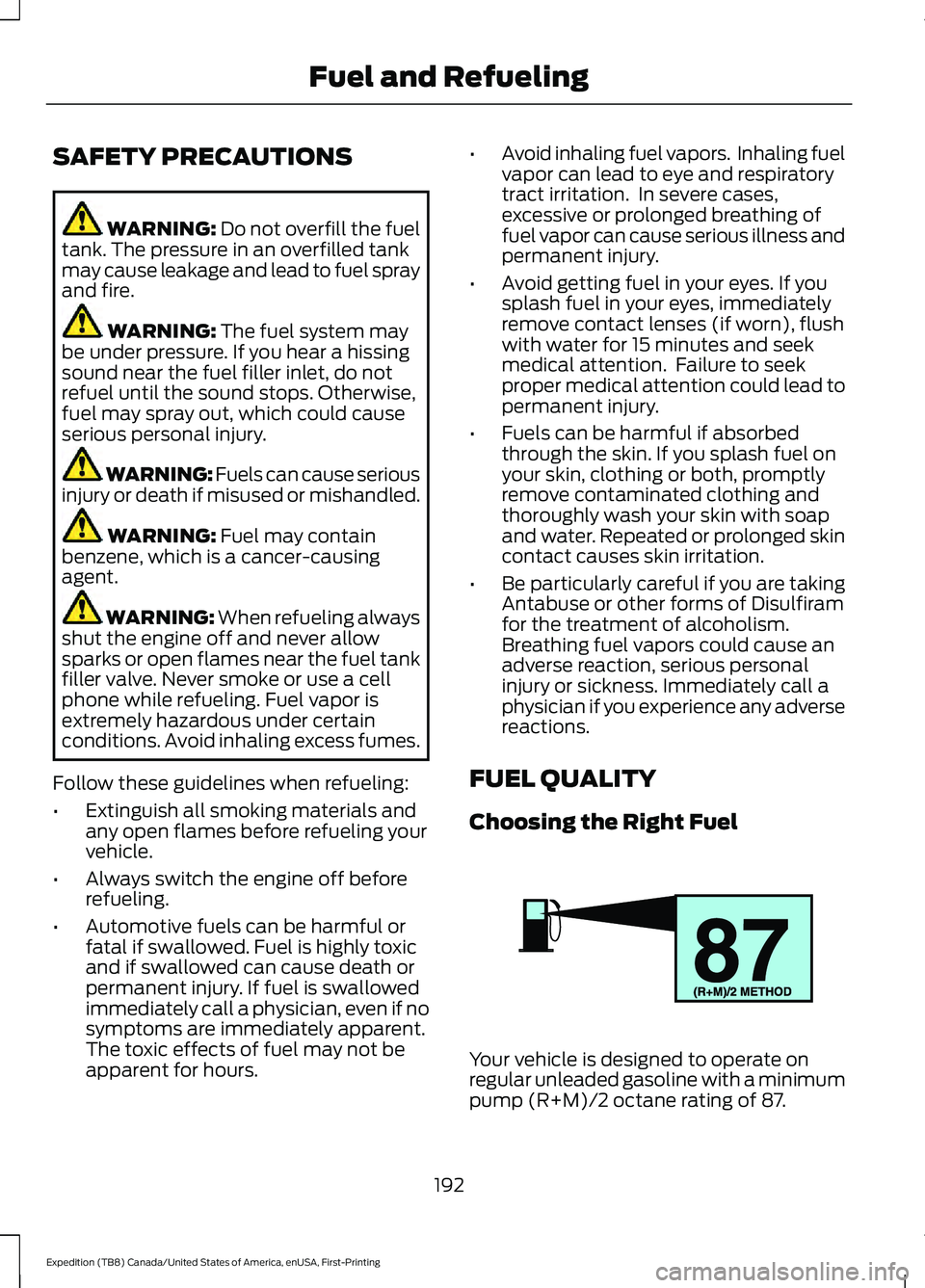 FORD EXPEDITION 2021 Owners Manual SAFETY PRECAUTIONS
WARNING: Do not overfill the fuel
tank. The pressure in an overfilled tank
may cause leakage and lead to fuel spray
and fire. WARNING:
The fuel system may
be under pressure. If you FORD EXPEDITION 2021 Owners Manual SAFETY PRECAUTIONS
WARNING: Do not overfill the fuel
tank. The pressure in an overfilled tank
may cause leakage and lead to fuel spray
and fire. WARNING:
The fuel system may
be under pressure. If you