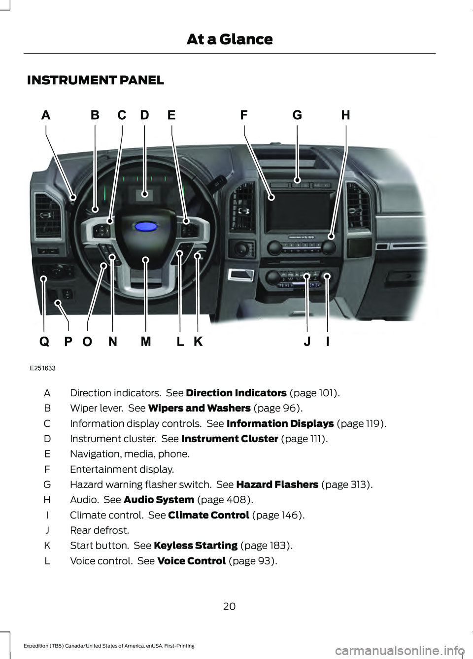 FORD EXPEDITION 2021  Owners Manual INSTRUMENT PANEL
Direction indicators.  See Direction Indicators (page 101).
A
Wiper lever.  See 
Wipers and Washers (page 96).
B
Information display controls.  See 
Information Displays (page 119).
C