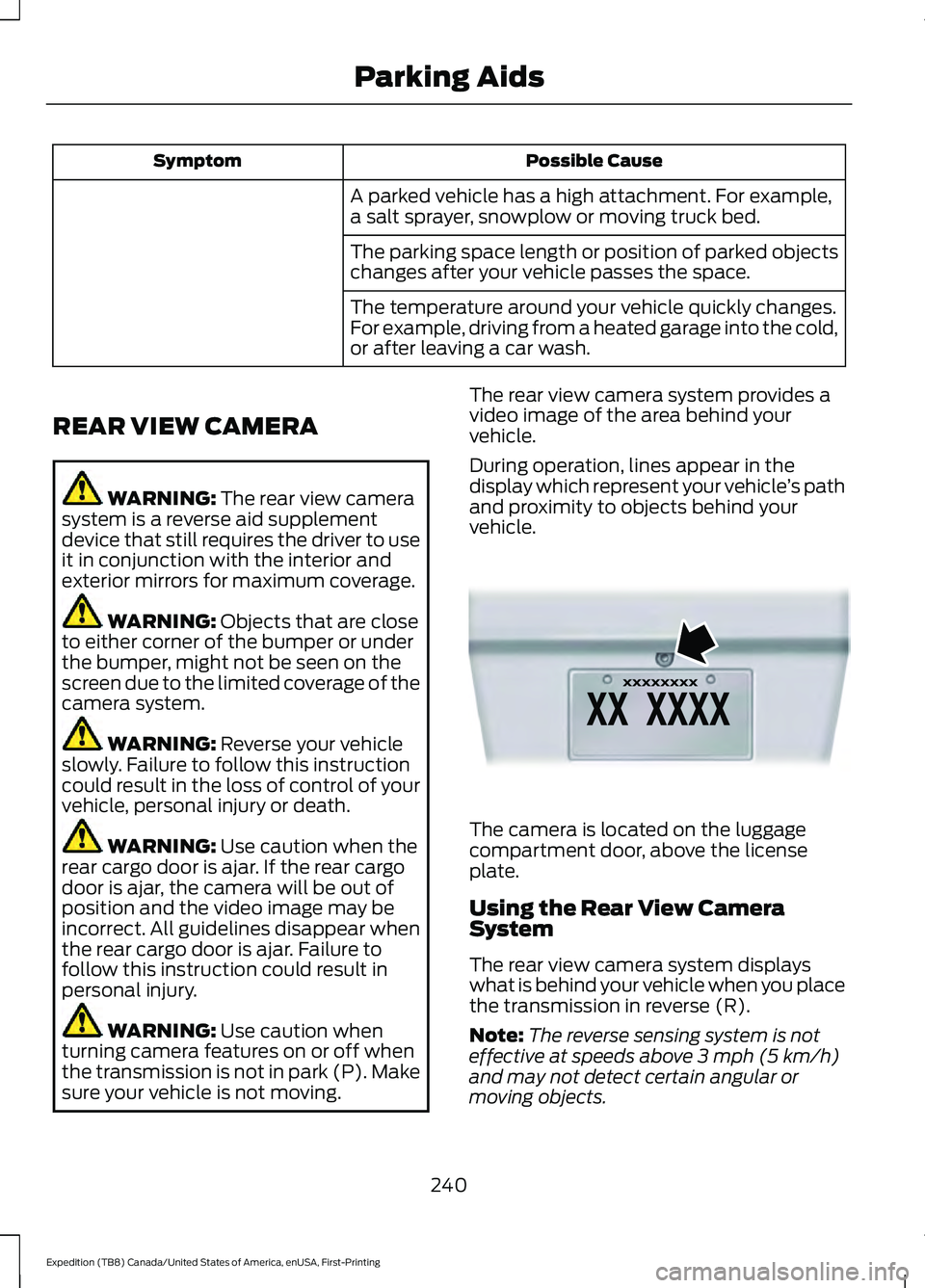 FORD EXPEDITION 2021  Owners Manual Possible Cause
Symptom
A parked vehicle has a high attachment. For example,
a salt sprayer, snowplow or moving truck bed.
The parking space length or position of parked objects
changes after your vehi