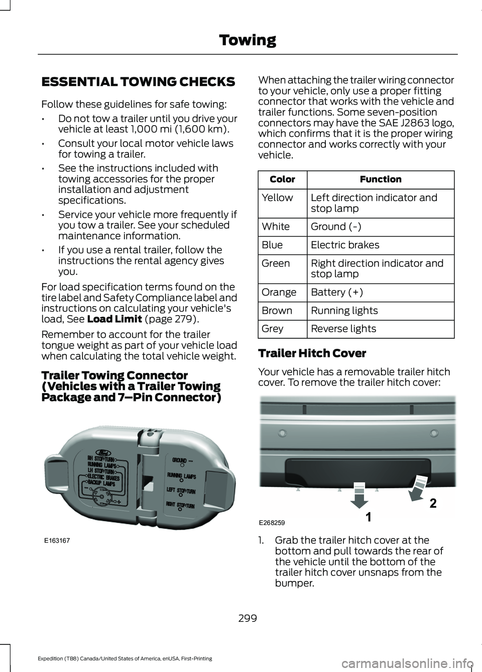 FORD EXPEDITION 2021  Owners Manual ESSENTIAL TOWING CHECKS
Follow these guidelines for safe towing:
•
Do not tow a trailer until you drive your
vehicle at least 1,000 mi (1,600 km).
• Consult your local motor vehicle laws
for towin