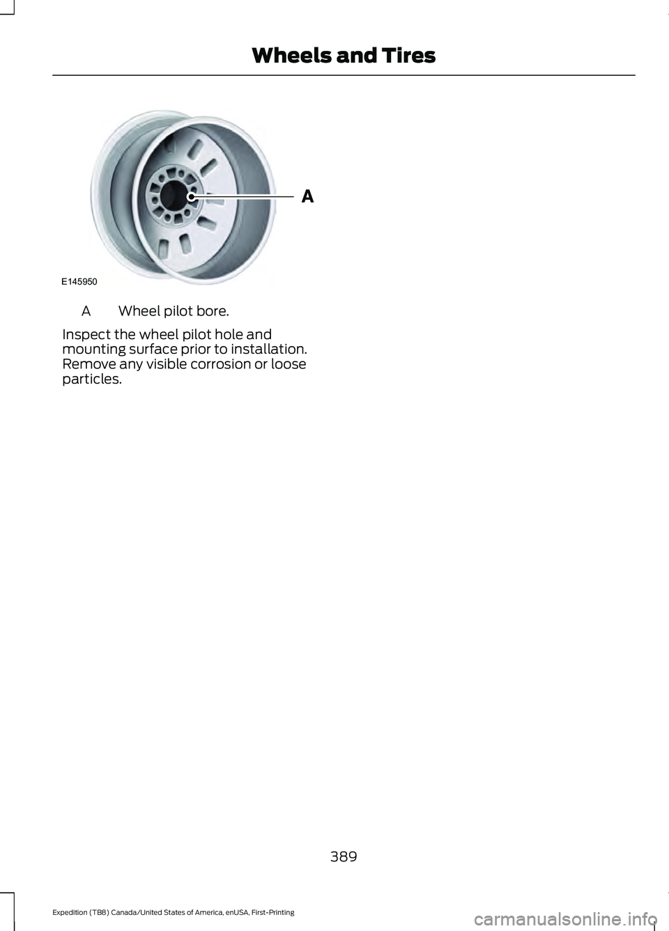 FORD EXPEDITION 2021  Owners Manual Wheel pilot bore.
A
Inspect the wheel pilot hole and
mounting surface prior to installation.
Remove any visible corrosion or loose
particles.
389
Expedition (TB8) Canada/United States of America, enUS