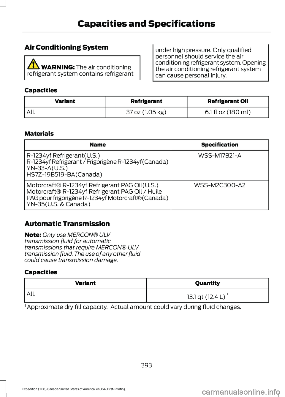 FORD EXPEDITION 2021  Owners Manual Air Conditioning System
WARNING: The air conditioning
refrigerant system contains refrigerant under high pressure. Only qualified
personnel should service the air
conditioning refrigerant system. Open