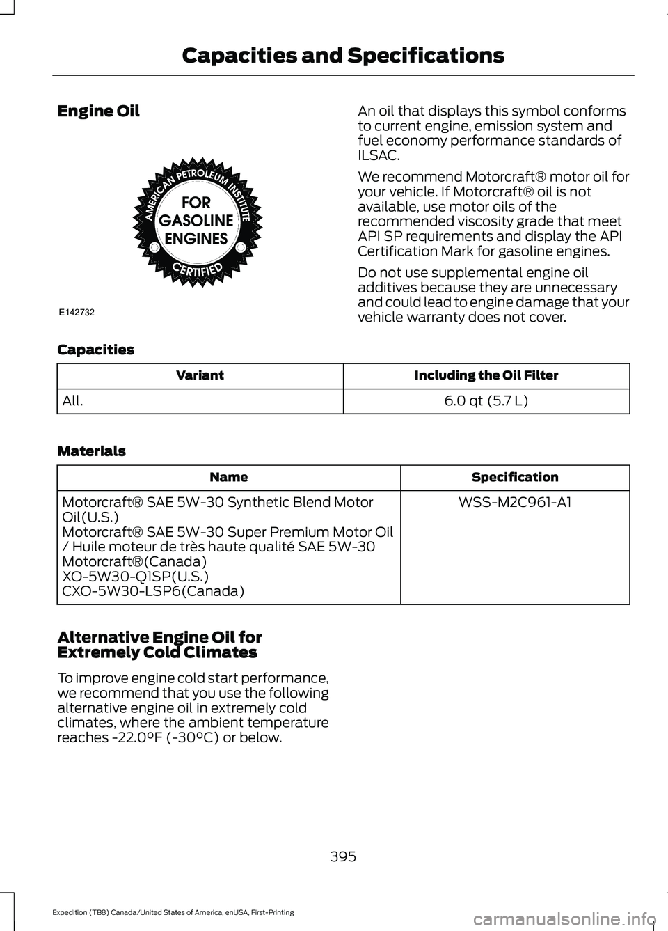 FORD EXPEDITION 2021 Owners Manual Engine Oil An oil that displays this symbol conforms
to current engine, emission system and
fuel economy performance standards of
ILSAC.
We recommend Motorcraft® motor oil for
your vehicle. If Motorc FORD EXPEDITION 2021 Owners Manual Engine Oil An oil that displays this symbol conforms
to current engine, emission system and
fuel economy performance standards of
ILSAC.
We recommend Motorcraft® motor oil for
your vehicle. If Motorc