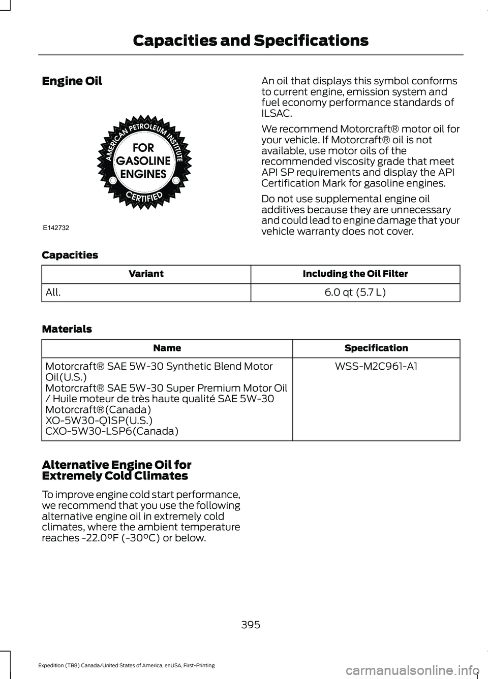 FORD EXPEDITION 2021  Owners Manual Engine Oil An oil that displays this symbol conforms
to current engine, emission system and
fuel economy performance standards of
ILSAC.
We recommend Motorcraft® motor oil for
your vehicle. If Motorc