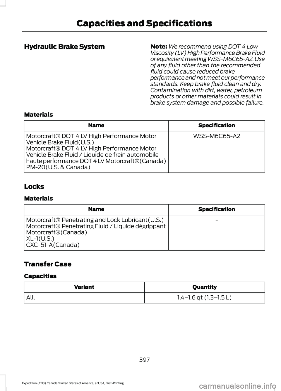 FORD EXPEDITION 2021  Owners Manual Hydraulic Brake System
Note:
We recommend using DOT 4 Low
Viscosity (LV) High Performance Brake Fluid
or equivalent meeting WSS-M6C65-A2. Use
of any fluid other than the recommended
fluid could cause 