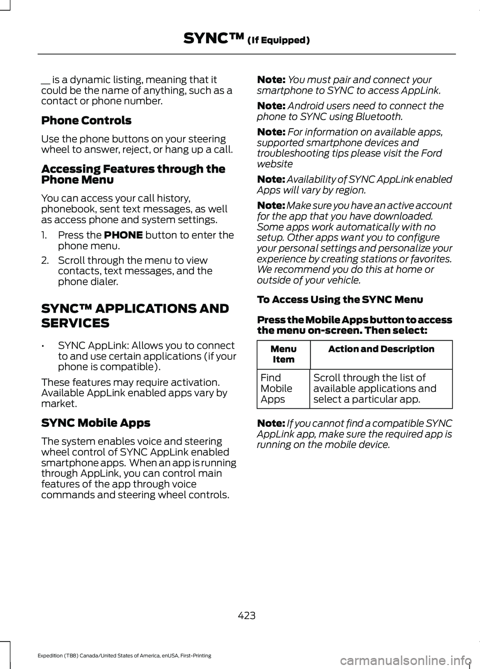 FORD EXPEDITION 2021 Owners Manual __ is a dynamic listing, meaning that it
could be the name of anything, such as a
contact or phone number.
Phone Controls
Use the phone buttons on your steering
wheel to answer, reject, or hang up a c FORD EXPEDITION 2021 Owners Manual __ is a dynamic listing, meaning that it
could be the name of anything, such as a
contact or phone number.
Phone Controls
Use the phone buttons on your steering
wheel to answer, reject, or hang up a c