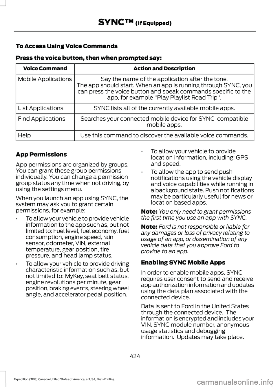 FORD EXPEDITION 2021 Repair Manual To Access Using Voice Commands
Press the voice button, then when prompted say:
Action and Description
Voice Command
Say the name of the application after the tone.
The app should start. When an app is FORD EXPEDITION 2021 Repair Manual To Access Using Voice Commands
Press the voice button, then when prompted say:
Action and Description
Voice Command
Say the name of the application after the tone.
The app should start. When an app is