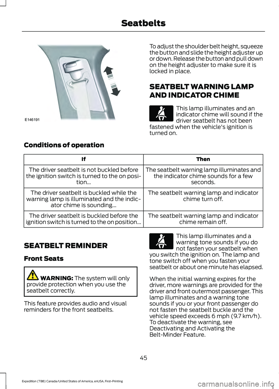 FORD EXPEDITION 2021 Service Manual To adjust the shoulder belt height, squeeze
the button and slide the height adjuster up
or down. Release the button and pull down
on the height adjuster to make sure it is
locked in place.
SEATBELT WA