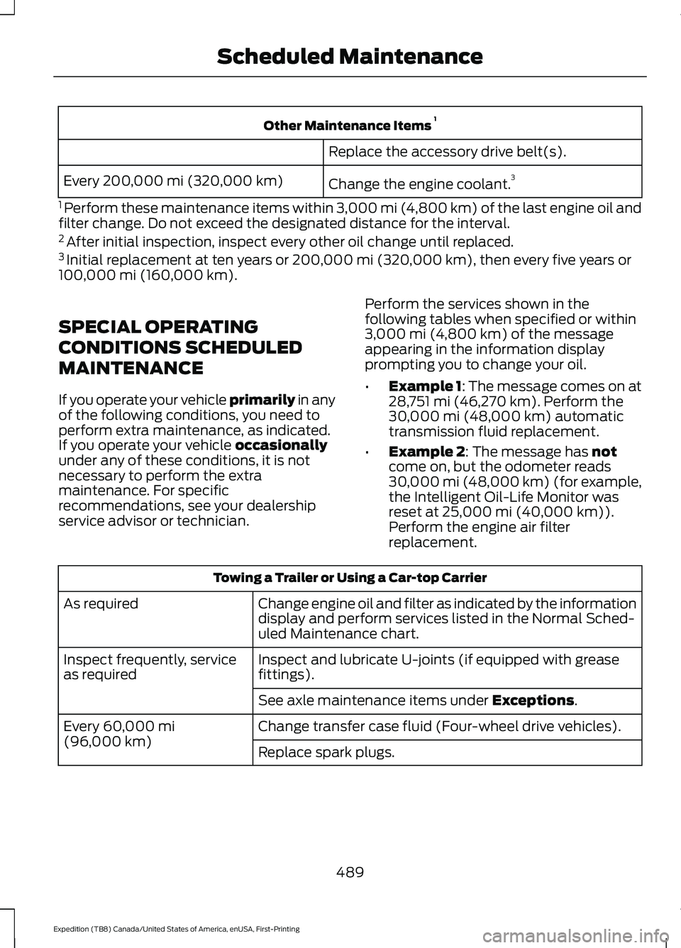FORD EXPEDITION 2021 Owners Manual Other Maintenance Items
1
Replace the accessory drive belt(s).
Change the engine coolant. 3
Every 200,000 mi (320,000 km)
1 Perform these maintenance items within 3,000 mi (4,800 km) of the last eng FORD EXPEDITION 2021 Owners Manual Other Maintenance Items
1
Replace the accessory drive belt(s).
Change the engine coolant. 3
Every 200,000 mi (320,000 km)
1 Perform these maintenance items within 3,000 mi (4,800 km) of the last eng