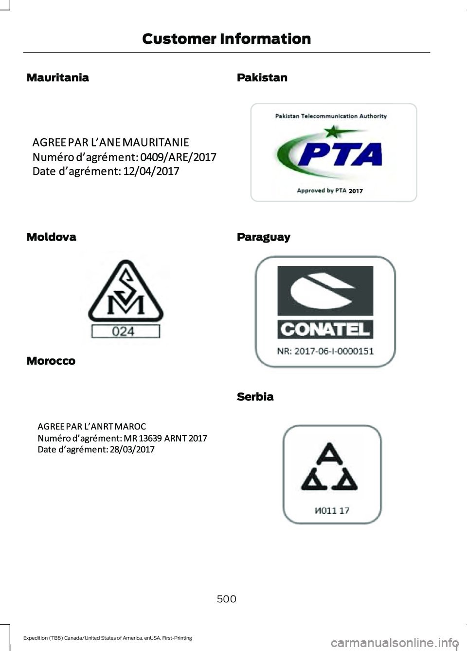 FORD EXPEDITION 2021  Owners Manual Mauritania
Moldova
Morocco Pakistan
Paraguay
Serbia
500
Expedition (TB8) Canada/United States of America, enUSA, First-Printing Customer InformationE340190  E337971  E340192  E342396  E308039  E308040