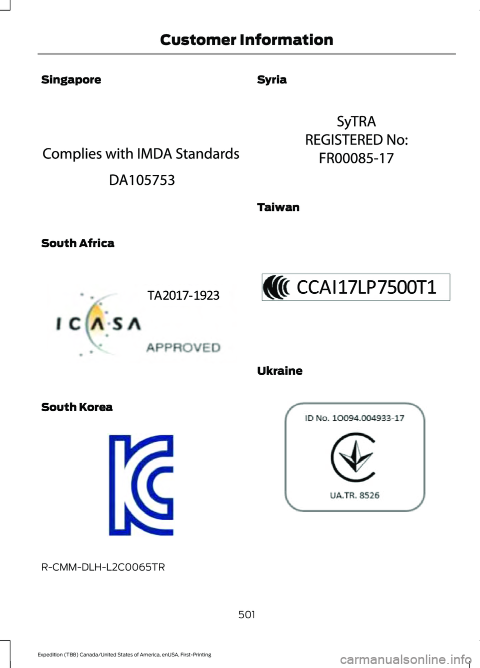 FORD EXPEDITION 2021  Owners Manual Singapore
South Africa
South Korea
R-CMM-DLH-L2C0065TR Syria
Taiwan
Ukraine
501
Expedition (TB8) Canada/United States of America, enUSA, First-Printing Customer InformationE340193  E340194  E339675  E