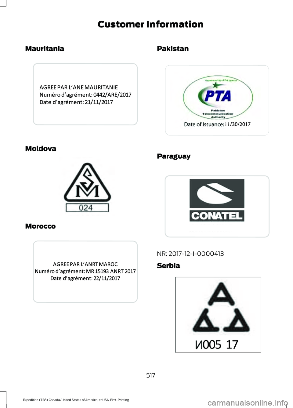 FORD EXPEDITION 2021  Owners Manual Mauritania
Moldova
Morocco Pakistan
Paraguay
NR: 2017-12-I-0000413
Serbia
517
Expedition (TB8) Canada/United States of America, enUSA, First-Printing Customer Information E341583  E337971  E339942   E