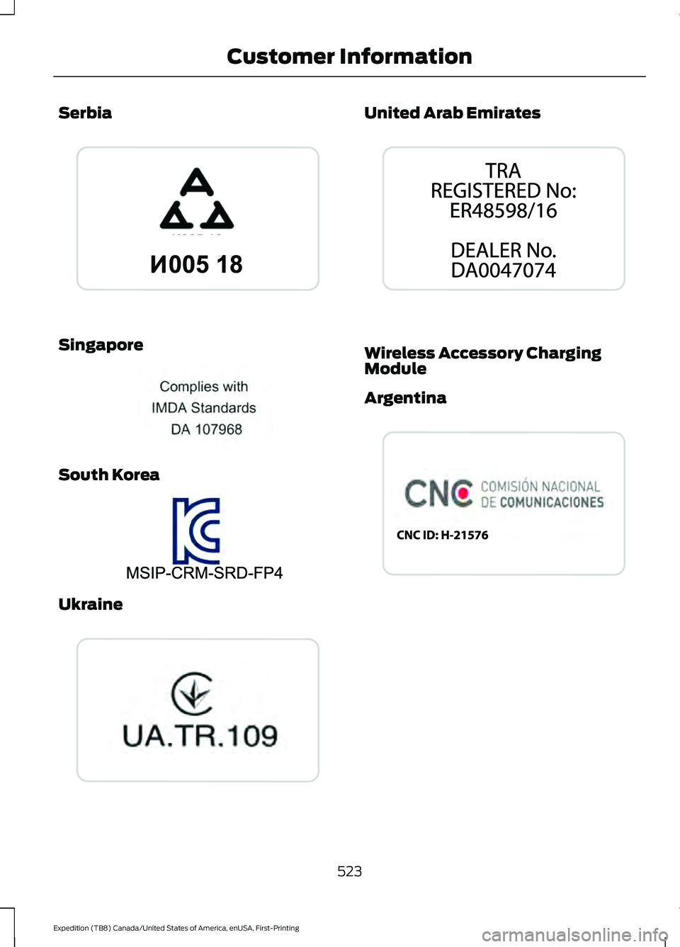 FORD EXPEDITION 2021  Owners Manual Serbia
Singapore
South Korea
Ukraine United Arab Emirates
Wireless Accessory Charging
Module
Argentina
523
Expedition (TB8) Canada/United States of America, enUSA, First-Printing Customer InformationE