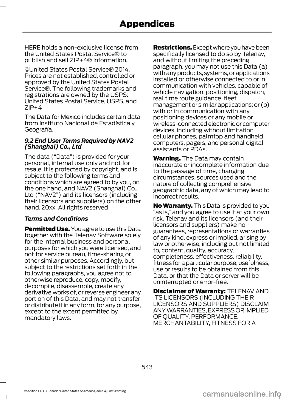 FORD EXPEDITION 2021  Owners Manual HERE holds a non-exclusive license from
the United States Postal Service® to
publish and sell ZIP+4® information.
©United States Postal Service® 2014.
Prices are not established, controlled or
app