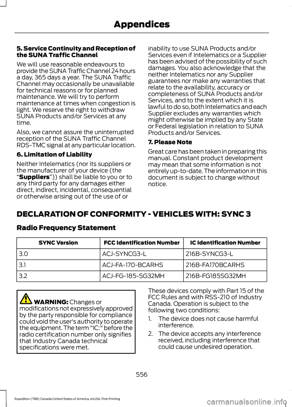 FORD EXPEDITION 2021 User Guide 5. Service Continuity and Reception of
the SUNA Traffic Channel
We will use reasonable endeavours to
provide the SUNA Traffic Channel 24 hours
a day, 365 days a year. The SUNA Traffic
Channel may occa FORD EXPEDITION 2021 User Guide 5. Service Continuity and Reception of
the SUNA Traffic Channel
We will use reasonable endeavours to
provide the SUNA Traffic Channel 24 hours
a day, 365 days a year. The SUNA Traffic
Channel may occa