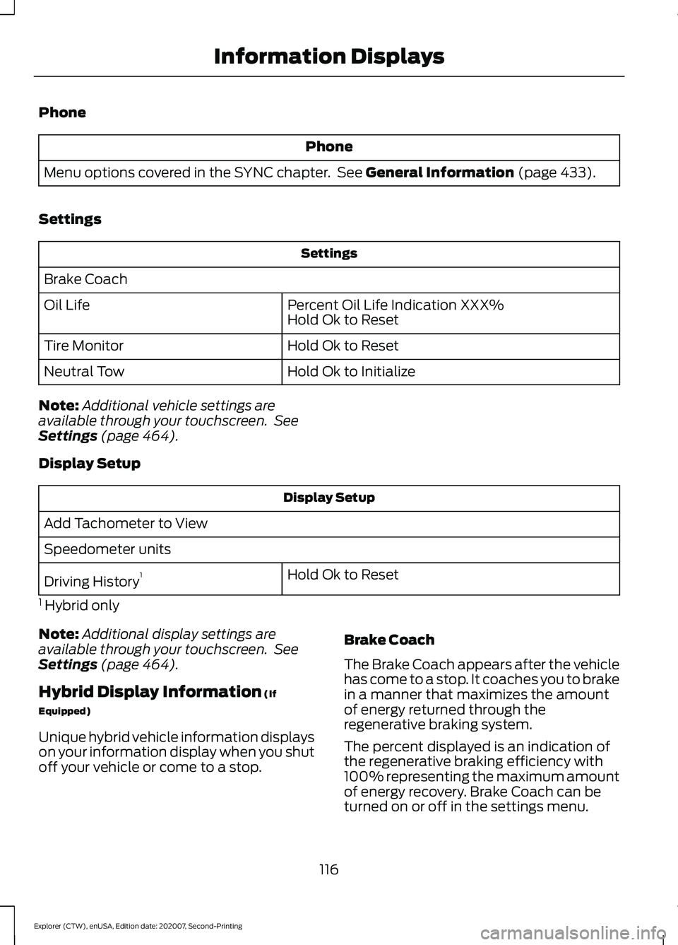 FORD EXPLORER 2021 Owners Manual Phone
Phone
Menu options covered in the SYNC chapter. See General Information (page 433).
Settings Settings
Brake Coach Percent Oil Life Indication XXX%
Hold Ok to Reset
Oil Life
Hold Ok to Reset
Tir FORD EXPLORER 2021 Owners Manual Phone
Phone
Menu options covered in the SYNC chapter. See General Information (page 433).
Settings Settings
Brake Coach Percent Oil Life Indication XXX%
Hold Ok to Reset
Oil Life
Hold Ok to Reset
Tir