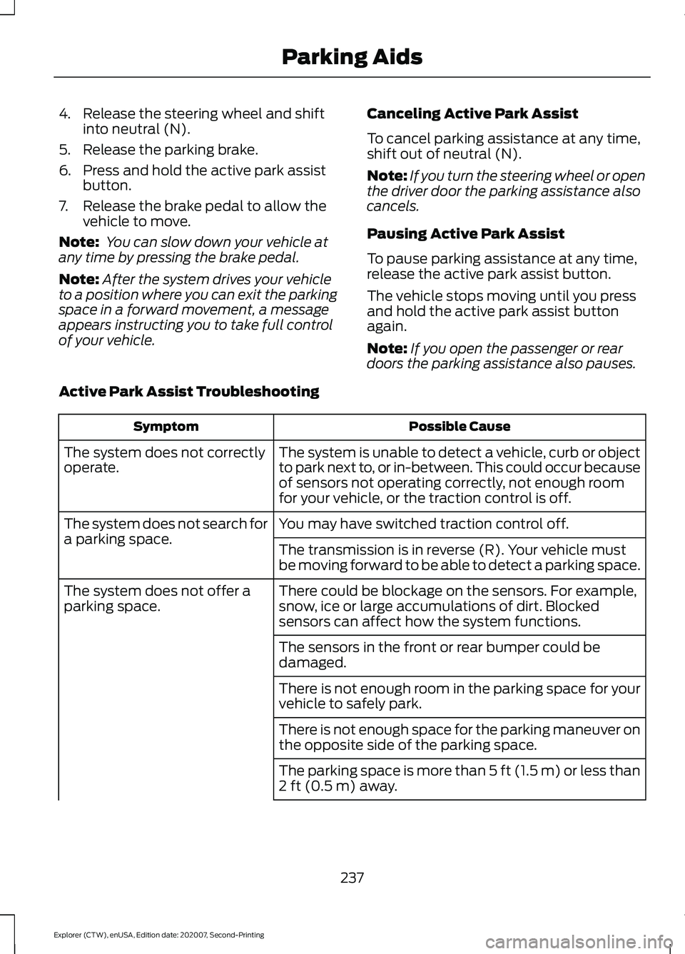 FORD EXPLORER 2021 Owners Guide 4. Release the steering wheel and shift
into neutral (N).
5. Release the parking brake.
6. Press and hold the active park assist button.
7. Release the brake pedal to allow the vehicle to move.
Note: FORD EXPLORER 2021 Owners Guide 4. Release the steering wheel and shift
into neutral (N).
5. Release the parking brake.
6. Press and hold the active park assist button.
7. Release the brake pedal to allow the vehicle to move.
Note: