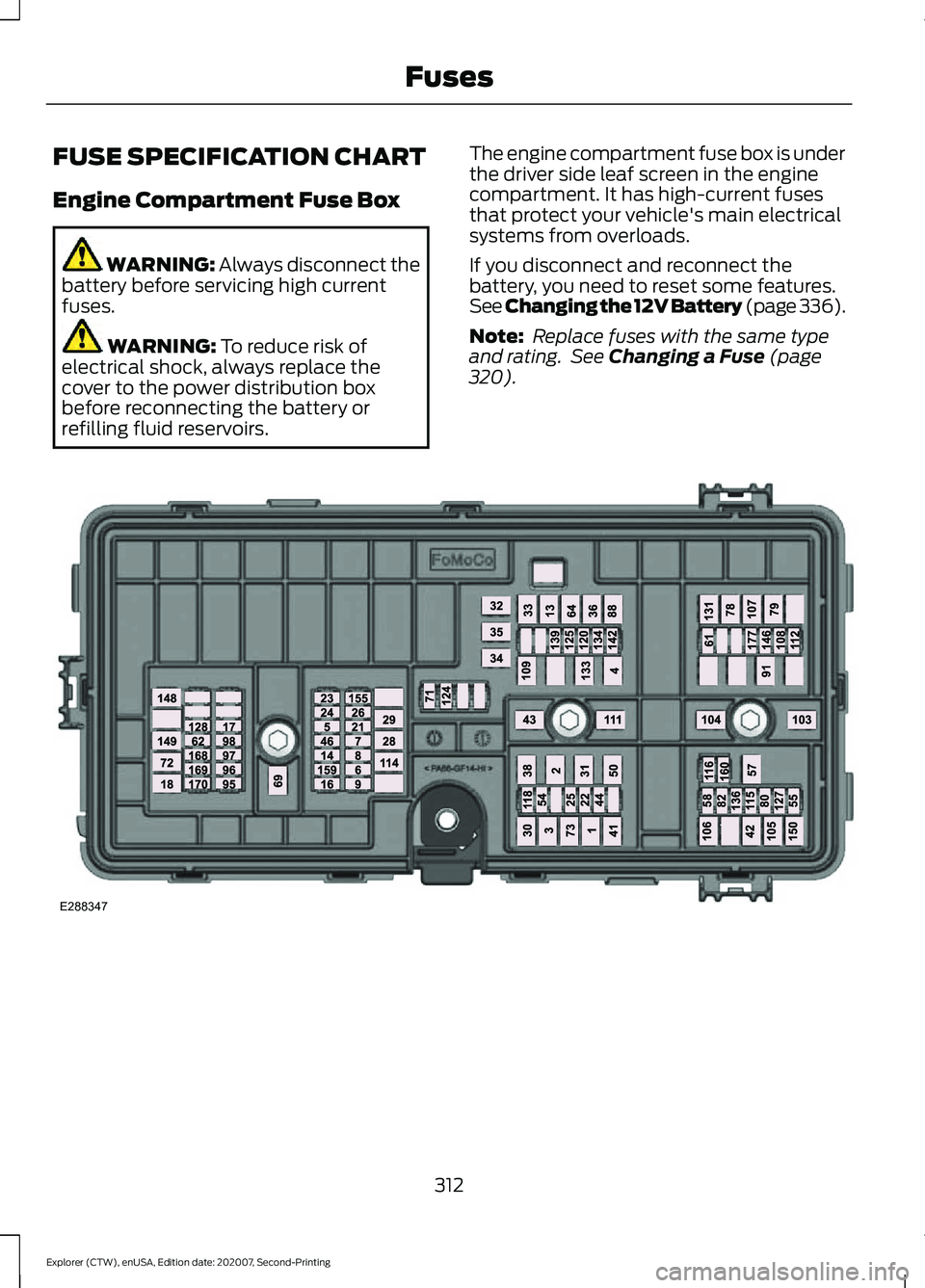 FORD EXPLORER 2021 Owners Manual FUSE SPECIFICATION CHART
Engine Compartment Fuse Box
WARNING: Always disconnect the
battery before servicing high current
fuses. WARNING:
To reduce risk of
electrical shock, always replace the
cover FORD EXPLORER 2021 Owners Manual FUSE SPECIFICATION CHART
Engine Compartment Fuse Box
WARNING: Always disconnect the
battery before servicing high current
fuses. WARNING:
To reduce risk of
electrical shock, always replace the
cover