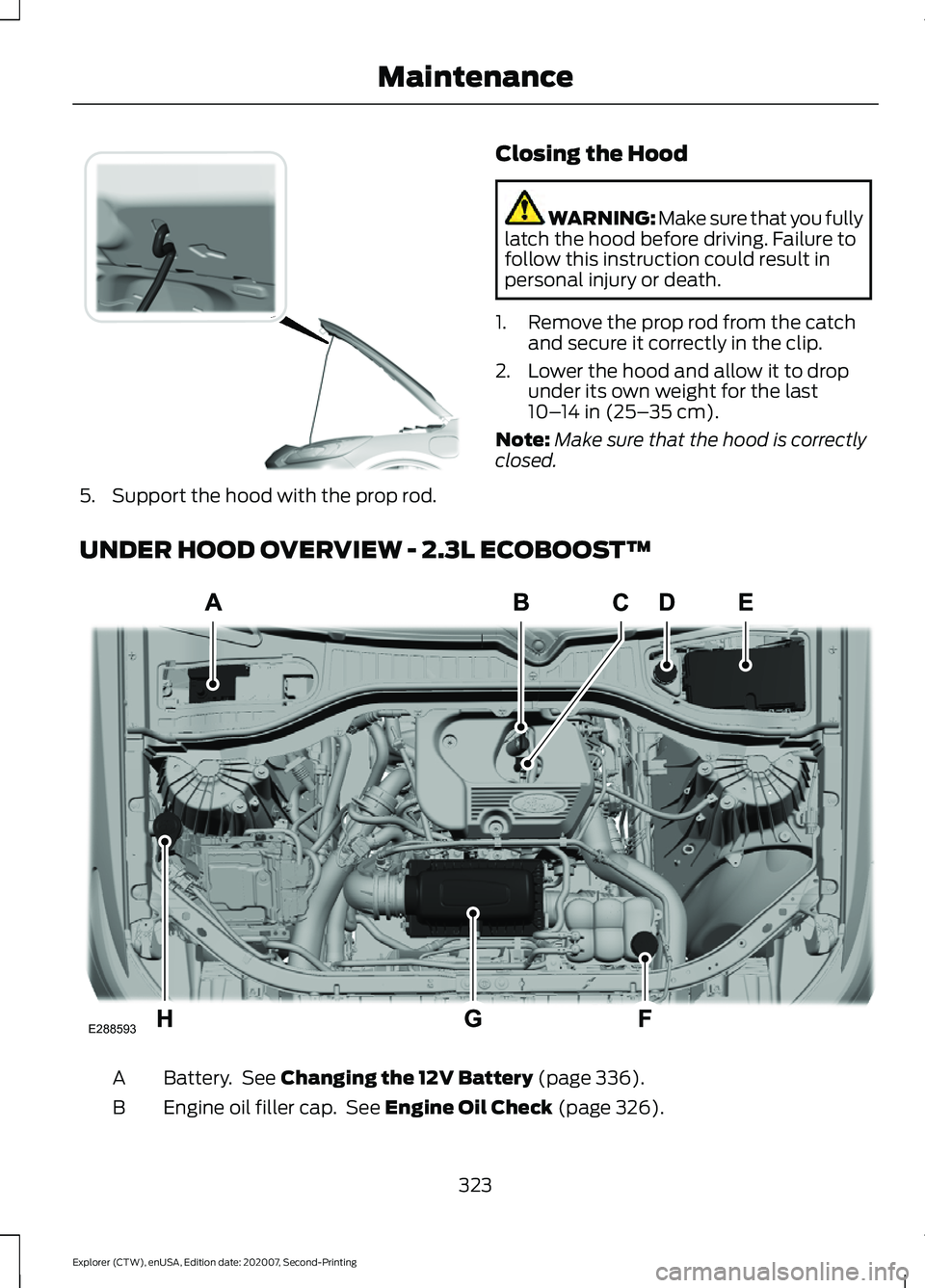 FORD EXPLORER 2021 Owners Manual 5. Support the hood with the prop rod.
Closing the Hood WARNING: Make sure that you fully
latch the hood before driving. Failure to
follow this instruction could result in
personal injury or death.
1. FORD EXPLORER 2021 Owners Manual 5. Support the hood with the prop rod.
Closing the Hood WARNING: Make sure that you fully
latch the hood before driving. Failure to
follow this instruction could result in
personal injury or death.
1.