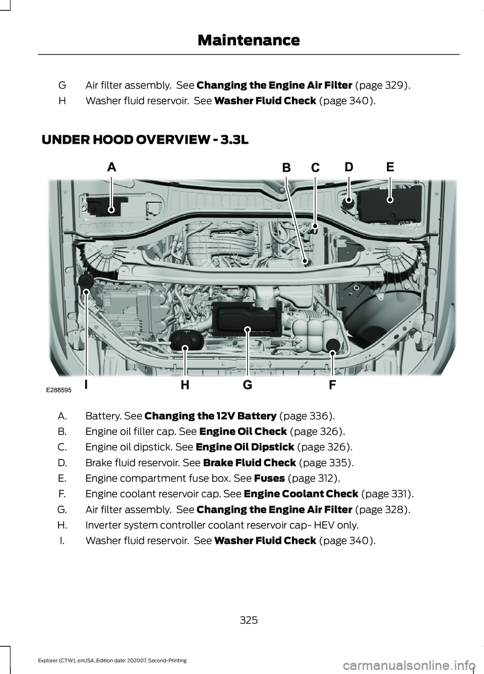 FORD EXPLORER 2021 Owners Manual Air filter assembly. See Changing the Engine Air Filter (page 329).
G
Washer fluid reservoir. See
Washer Fluid Check (page 340).
H
UNDER HOOD OVERVIEW - 3.3L Battery.
See Changing the 12V Battery FORD EXPLORER 2021 Owners Manual Air filter assembly. See Changing the Engine Air Filter (page 329).
G
Washer fluid reservoir. See
Washer Fluid Check (page 340).
H
UNDER HOOD OVERVIEW - 3.3L Battery.
See Changing the 12V Battery