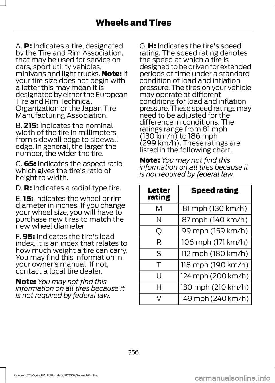 FORD EXPLORER 2021 Owners Manual A.
P: Indicates a tire, designated
by the Tire and Rim Association,
that may be used for service on
cars, sport utility vehicles,
minivans and light trucks. Note:
If
your tire size does not begin wit FORD EXPLORER 2021 Owners Manual A.
P: Indicates a tire, designated
by the Tire and Rim Association,
that may be used for service on
cars, sport utility vehicles,
minivans and light trucks. Note:
If
your tire size does not begin wit