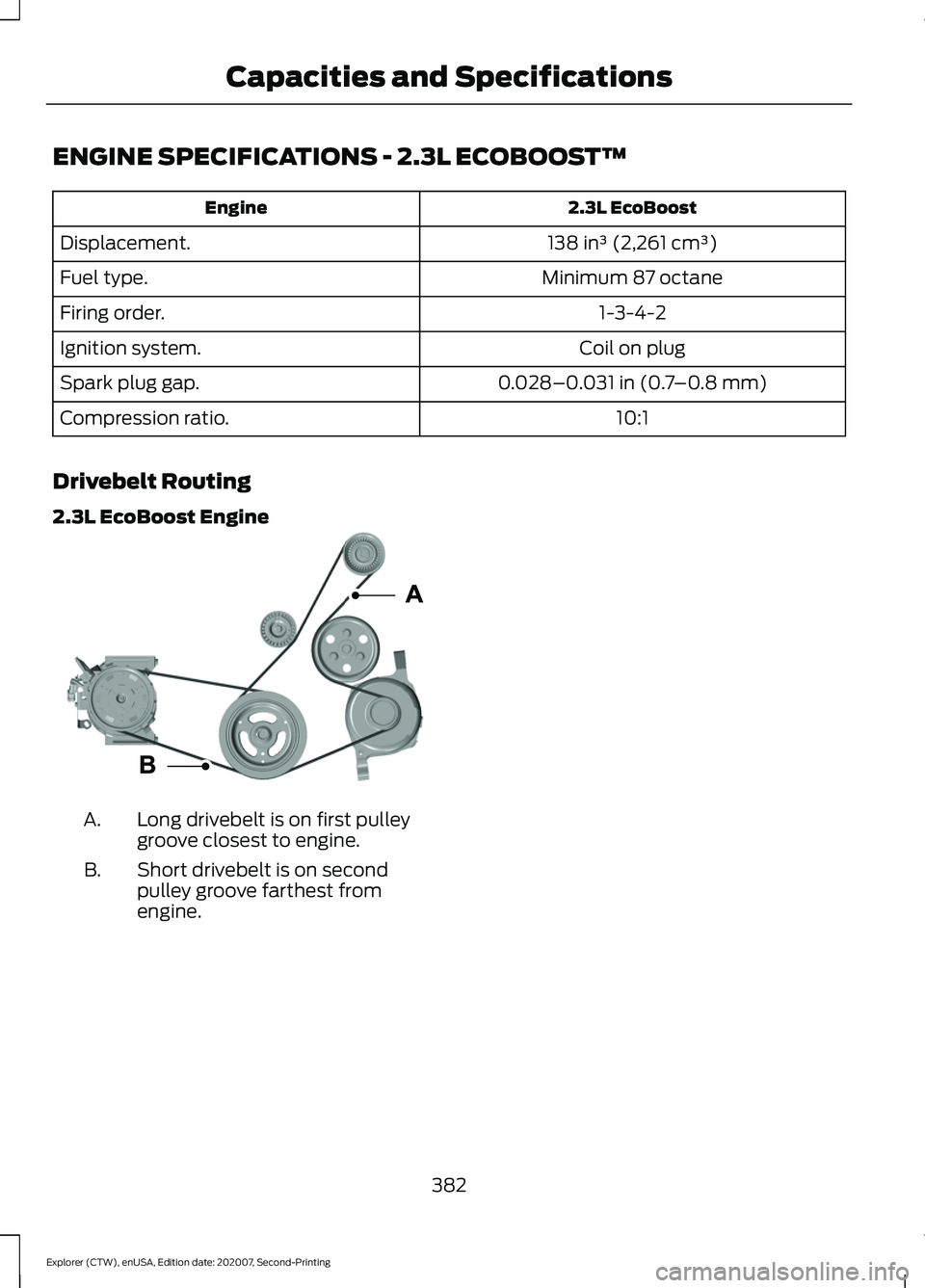 FORD EXPLORER 2021  Owners Manual ENGINE SPECIFICATIONS - 2.3L ECOBOOST™
2.3L EcoBoost
Engine
138 in³ (2,261 cm³)
Displacement.
Minimum 87 octane
Fuel type.
1-3-4-2
Firing order.
Coil on plug
Ignition system.
0.028–0.031 in (0.7