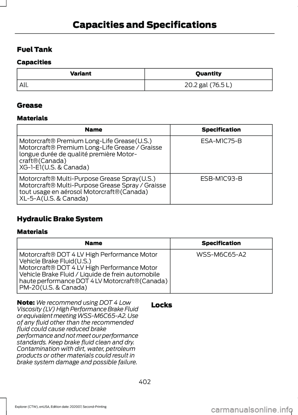 FORD EXPLORER 2021  Owners Manual Fuel Tank
Capacities
Quantity
Variant
20.2 gal (76.5 L)
All.
Grease
Materials Specification
Name
ESA-M1C75-B
Motorcraft® Premium Long-Life Grease(U.S.)
Motorcraft® Premium Long-Life Grease / Graisse