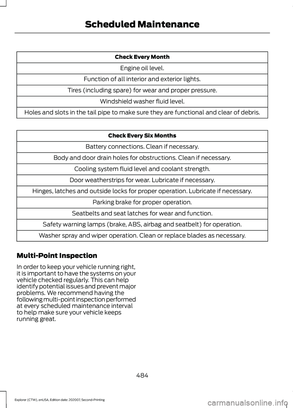 FORD EXPLORER 2021 Owners Manual Check Every Month
Engine oil level.
Function of all interior and exterior lights.
Tires (including spare) for wear and proper pressure. Windshield washer fluid level.
Holes and slots in the tail pipe FORD EXPLORER 2021 Owners Manual Check Every Month
Engine oil level.
Function of all interior and exterior lights.
Tires (including spare) for wear and proper pressure. Windshield washer fluid level.
Holes and slots in the tail pipe