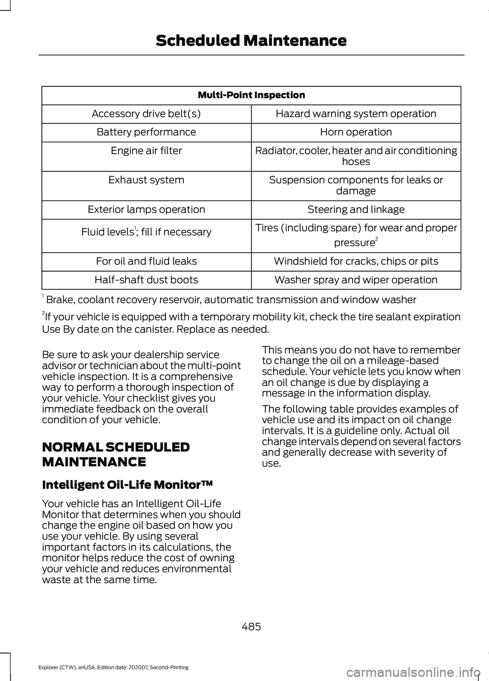 FORD EXPLORER 2021  Owners Manual Multi-Point Inspection
Hazard warning system operation
Accessory drive belt(s)
Horn operation
Battery performance
Radiator, cooler, heater and air conditioninghoses
Engine air filter
Suspension compon