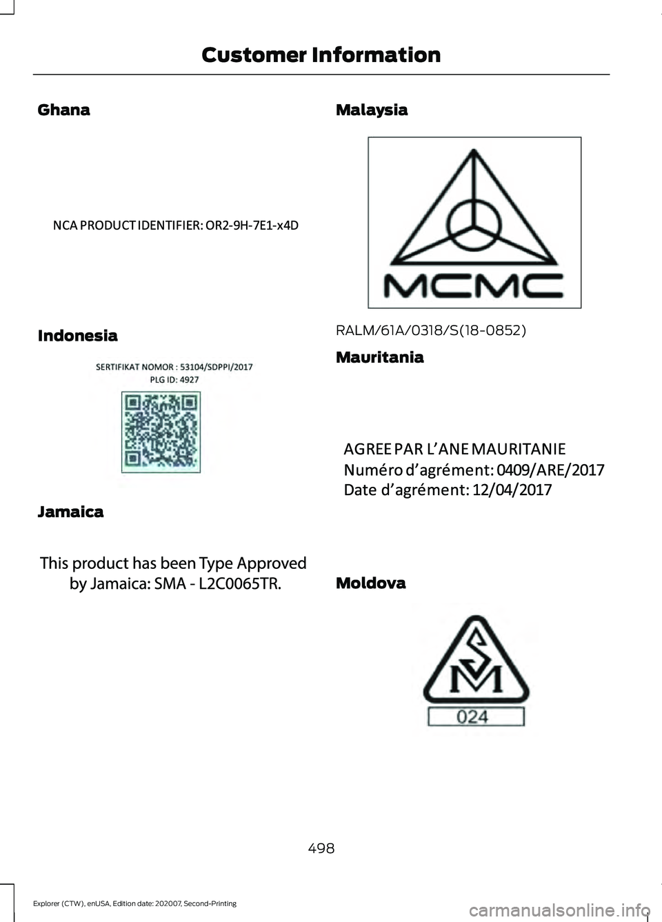 FORD EXPLORER 2021  Owners Manual Ghana
Indonesia
Jamaica Malaysia
RALM/61A/0318/S(18-0852)
Mauritania
Moldova
498
Explorer (CTW), enUSA, Edition date: 202007, Second-Printing Customer InformationE340191  E342395  E340518  E339836  E3