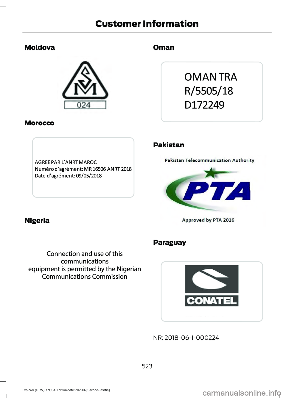 FORD EXPLORER 2021  Owners Manual Moldova
Morocco
Nigeria Oman
Pakistan
Paraguay
NR: 2018-06-I-000224
523
Explorer (CTW), enUSA, Edition date: 202007, Second-Printing Customer InformationE337971  E339947  E337972  E341834  E337974  E3