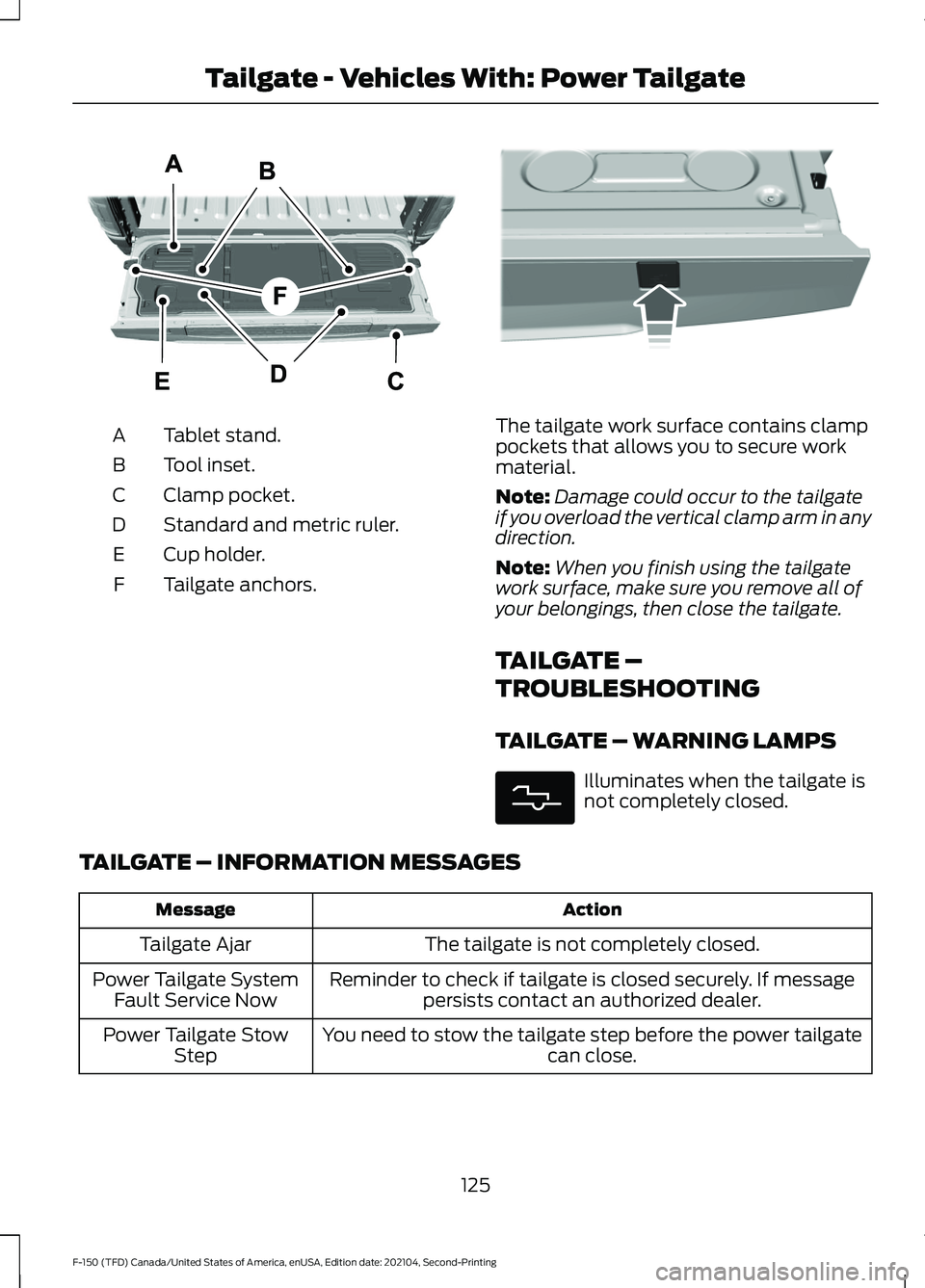 FORD F-150 2021  Owners Manual Tablet stand.
A
Tool inset.
B
Clamp pocket.
C
Standard and metric ruler.
D
Cup holder.
E
Tailgate anchors.
F The tailgate work surface contains clamp
pockets that allows you to secure work
material.
N