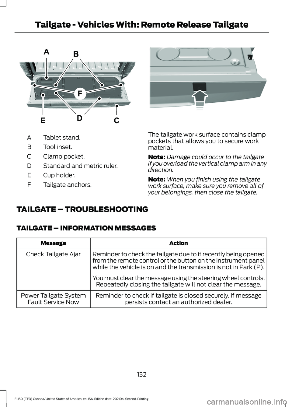 FORD F-150 2021 Owners Manual Tablet stand.
A
Tool inset.
B
Clamp pocket.
C
Standard and metric ruler.
D
Cup holder.
E
Tailgate anchors.
F The tailgate work surface contains clamp
pockets that allows you to secure work
material.
N FORD F-150 2021 Owners Manual Tablet stand.
A
Tool inset.
B
Clamp pocket.
C
Standard and metric ruler.
D
Cup holder.
E
Tailgate anchors.
F The tailgate work surface contains clamp
pockets that allows you to secure work
material.
N