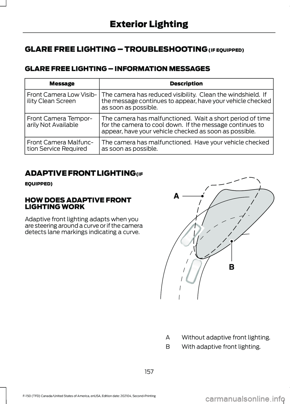 FORD F-150 2021 Owners Manual GLARE FREE LIGHTING – TROUBLESHOOTING (IF EQUIPPED)
GLARE FREE LIGHTING – INFORMATION MESSAGES Description
Message
The camera has reduced visibility. Clean the windshield. If
the message continu FORD F-150 2021 Owners Manual GLARE FREE LIGHTING – TROUBLESHOOTING (IF EQUIPPED)
GLARE FREE LIGHTING – INFORMATION MESSAGES Description
Message
The camera has reduced visibility. Clean the windshield. If
the message continu