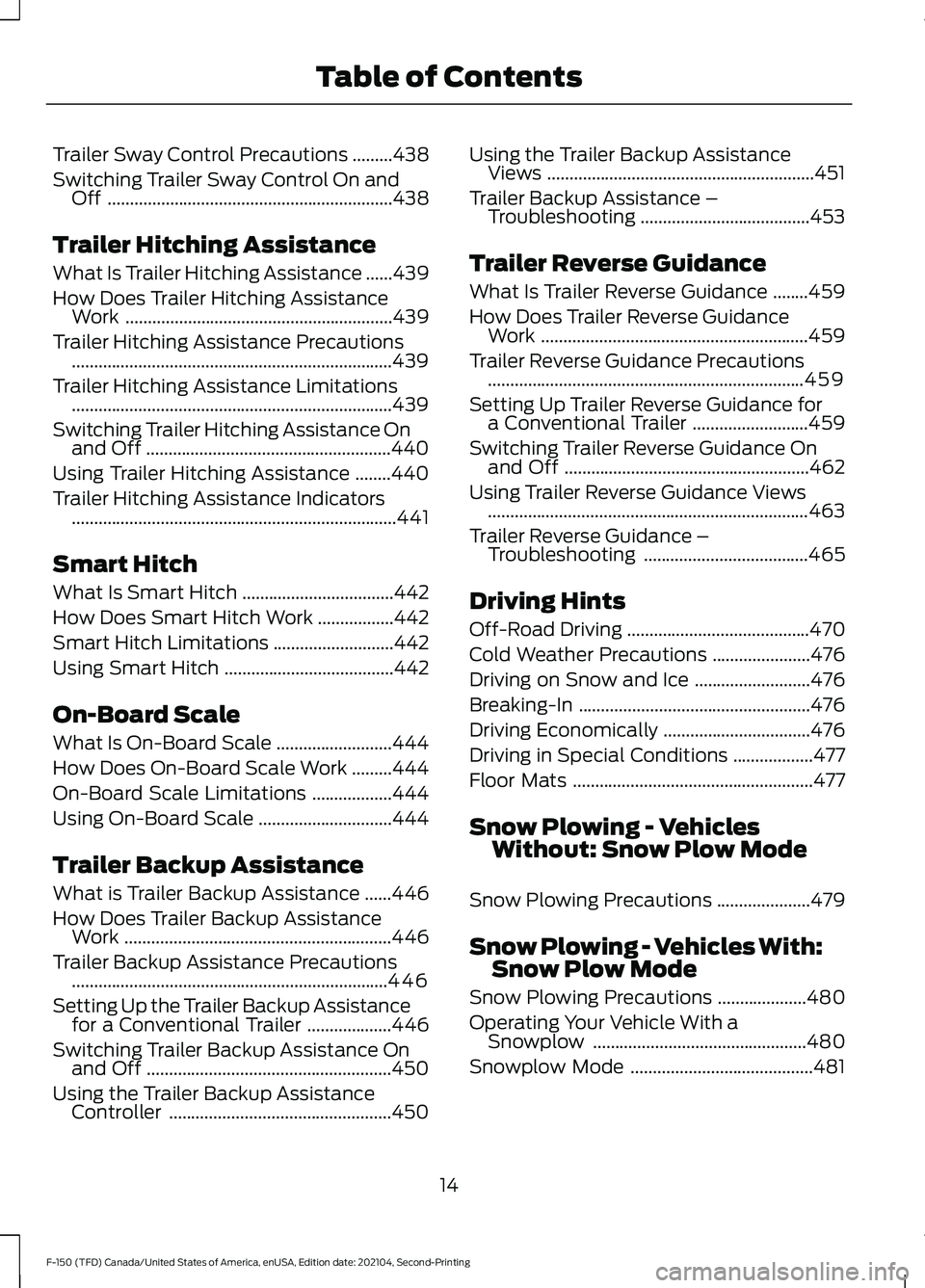 FORD F-150 2021 User Guide Trailer Sway Control Precautions
.........438
Switching Trailer Sway Control On and Off ................................................................
438
Trailer Hitching Assistance
What Is Trailer FORD F-150 2021 User Guide Trailer Sway Control Precautions
.........438
Switching Trailer Sway Control On and Off ................................................................
438
Trailer Hitching Assistance
What Is Trailer