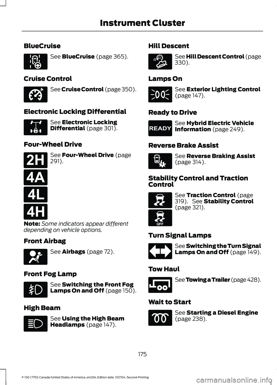 FORD F-150 2021 Owners Manual BlueCruise
See BlueCruise (page 365).
Cruise Control See Cruise Control (page 350).
Electronic Locking Differential See
Electronic Locking
Differential (page 301).
Four-Wheel Drive See
Four-Wheel Dr FORD F-150 2021 Owners Manual BlueCruise
See BlueCruise (page 365).
Cruise Control See Cruise Control (page 350).
Electronic Locking Differential See
Electronic Locking
Differential (page 301).
Four-Wheel Drive See
Four-Wheel Dr