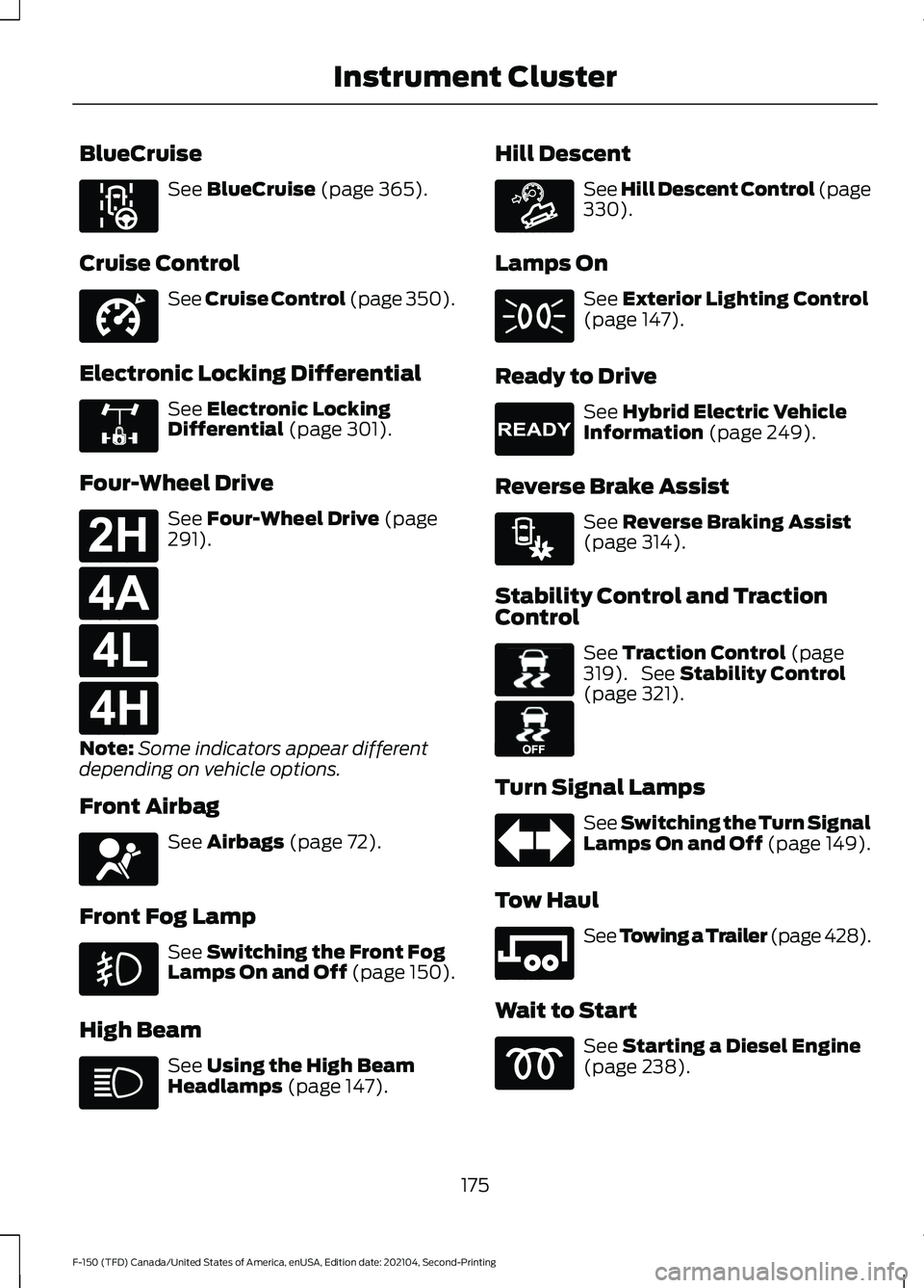 FORD F-150 2021  Owners Manual BlueCruise
See BlueCruise (page 365).
Cruise Control See Cruise Control (page 350).
Electronic Locking Differential See 
Electronic Locking
Differential (page 301).
Four-Wheel Drive See 
Four-Wheel Dr