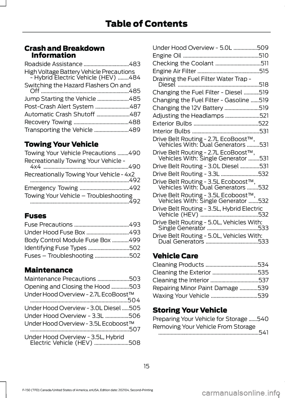 FORD F-150 2021 Owners Manual Crash and Breakdown
Information
Roadside Assistance .................................483
High Voltage Battery Vehicle Precautions - Hybrid Electric Vehicle (HEV) ........
484
Switching the Hazard Flas FORD F-150 2021 Owners Manual Crash and Breakdown
Information
Roadside Assistance .................................483
High Voltage Battery Vehicle Precautions - Hybrid Electric Vehicle (HEV) ........
484
Switching the Hazard Flas