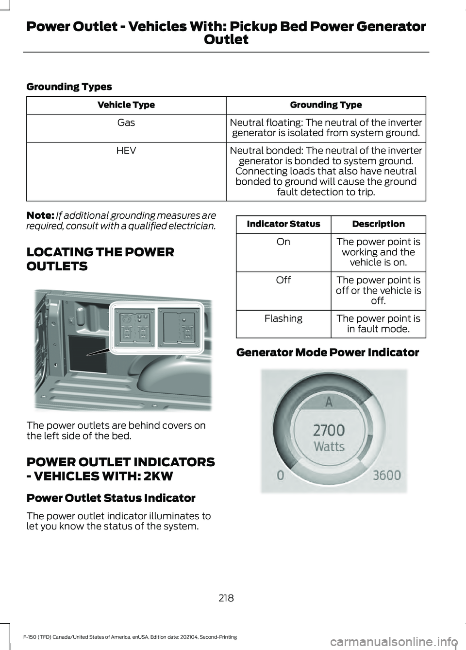 FORD F-150 2021 Owners Manual Grounding Types
Grounding Type
Vehicle Type
Neutral floating: The neutral of the invertergenerator is isolated from system ground.
Gas
Neutral bonded: The neutral of the invertergenerator is bonded to FORD F-150 2021 Owners Manual Grounding Types
Grounding Type
Vehicle Type
Neutral floating: The neutral of the invertergenerator is isolated from system ground.
Gas
Neutral bonded: The neutral of the invertergenerator is bonded to