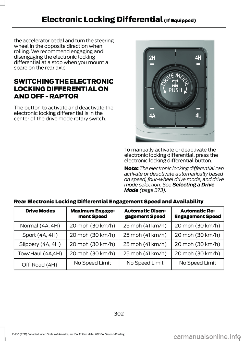 FORD F-150 2021 Owners Manual the accelerator pedal and turn the steering
wheel in the opposite direction when
rolling. We recommend engaging and
disengaging the electronic locking
differential at a stop when you mount a
spare on FORD F-150 2021 Owners Manual the accelerator pedal and turn the steering
wheel in the opposite direction when
rolling. We recommend engaging and
disengaging the electronic locking
differential at a stop when you mount a
spare on