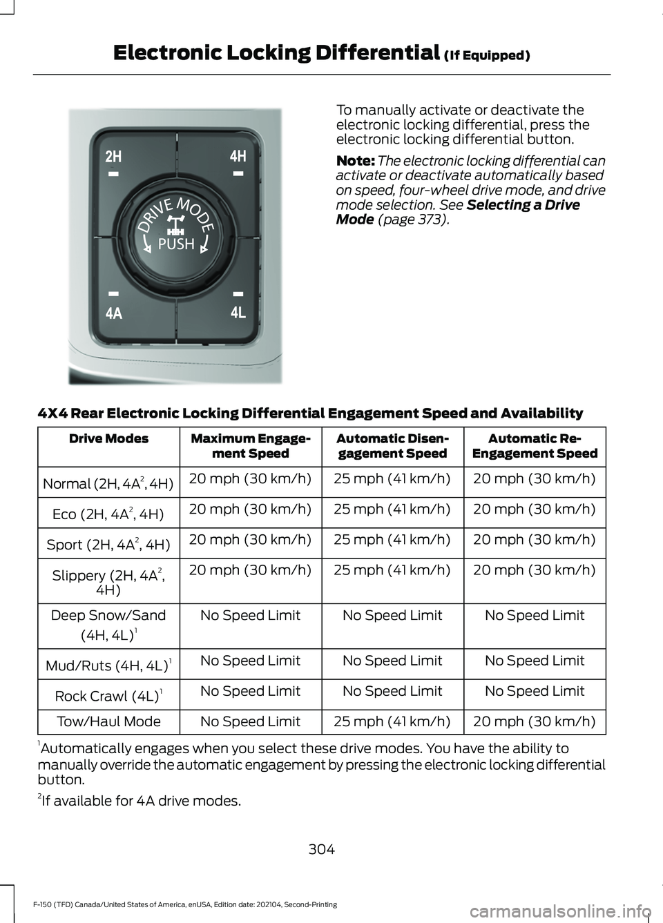 FORD F-150 2021 Owners Manual To manually activate or deactivate the
electronic locking differential, press the
electronic locking differential button.
Note:
The electronic locking differential can
activate or deactivate automatic FORD F-150 2021 Owners Manual To manually activate or deactivate the
electronic locking differential, press the
electronic locking differential button.
Note:
The electronic locking differential can
activate or deactivate automatic