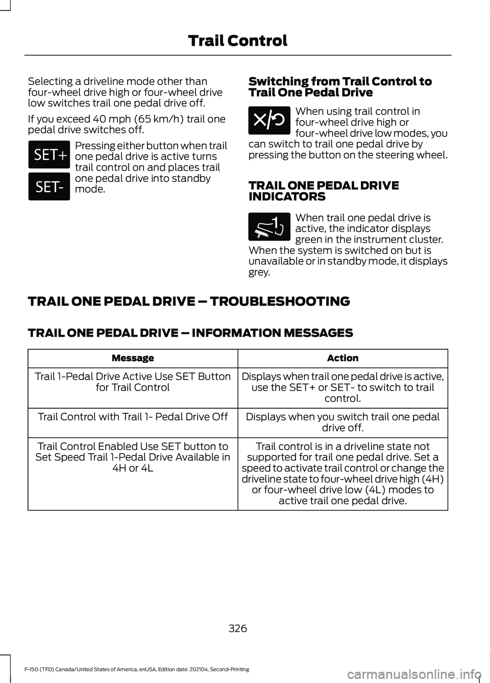 FORD F-150 2021  Owners Manual Selecting a driveline mode other than
four-wheel drive high or four-wheel drive
low switches trail one pedal drive off.
If you exceed 40 mph (65 km/h) trail one
pedal drive switches off. Pressing eith