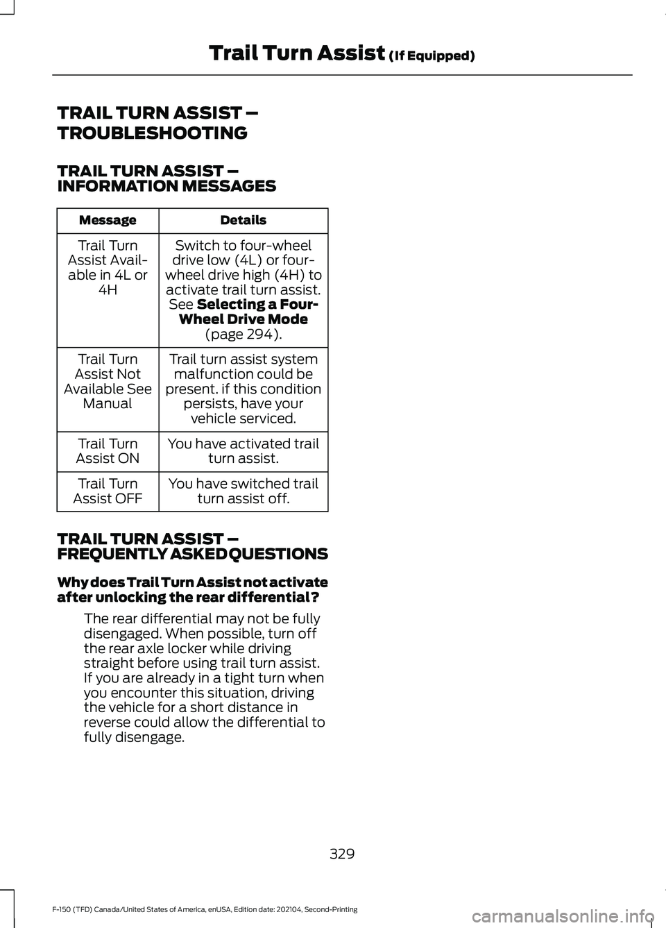 FORD F-150 2021 Owners Manual TRAIL TURN ASSIST –
TROUBLESHOOTING
TRAIL TURN ASSIST –
INFORMATION MESSAGES
Details
Message
Switch to four-wheel
drive low (4L) or four-
wheel drive high (4H) to activate trail turn assist. See S FORD F-150 2021 Owners Manual TRAIL TURN ASSIST –
TROUBLESHOOTING
TRAIL TURN ASSIST –
INFORMATION MESSAGES
Details
Message
Switch to four-wheel
drive low (4L) or four-
wheel drive high (4H) to activate trail turn assist. See S