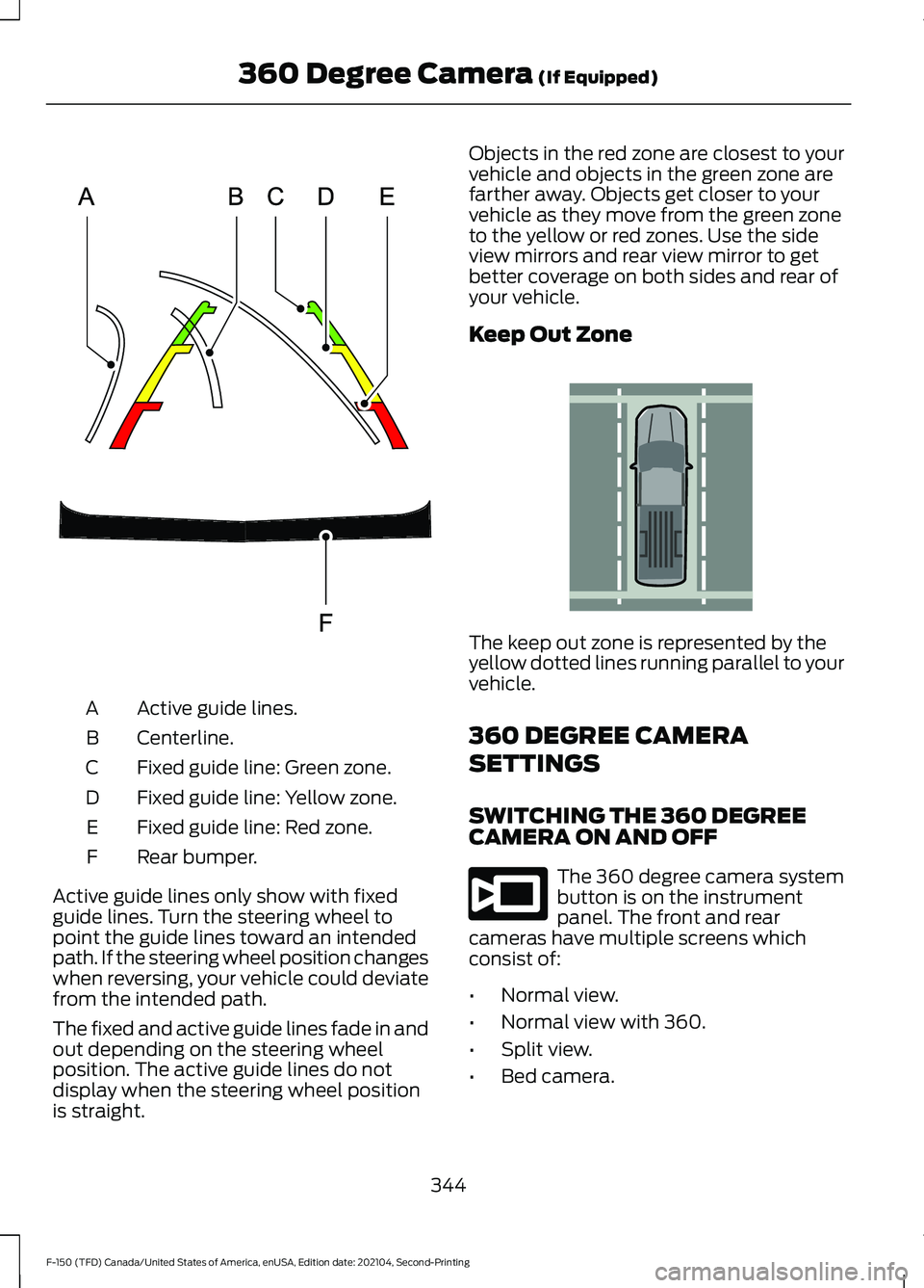 FORD F-150 2021 Owners Manual Active guide lines.
A
Centerline.
B
Fixed guide line: Green zone.
C
Fixed guide line: Yellow zone.
D
Fixed guide line: Red zone.
E
Rear bumper.
F
Active guide lines only show with fixed
guide lines. T FORD F-150 2021 Owners Manual Active guide lines.
A
Centerline.
B
Fixed guide line: Green zone.
C
Fixed guide line: Yellow zone.
D
Fixed guide line: Red zone.
E
Rear bumper.
F
Active guide lines only show with fixed
guide lines. T