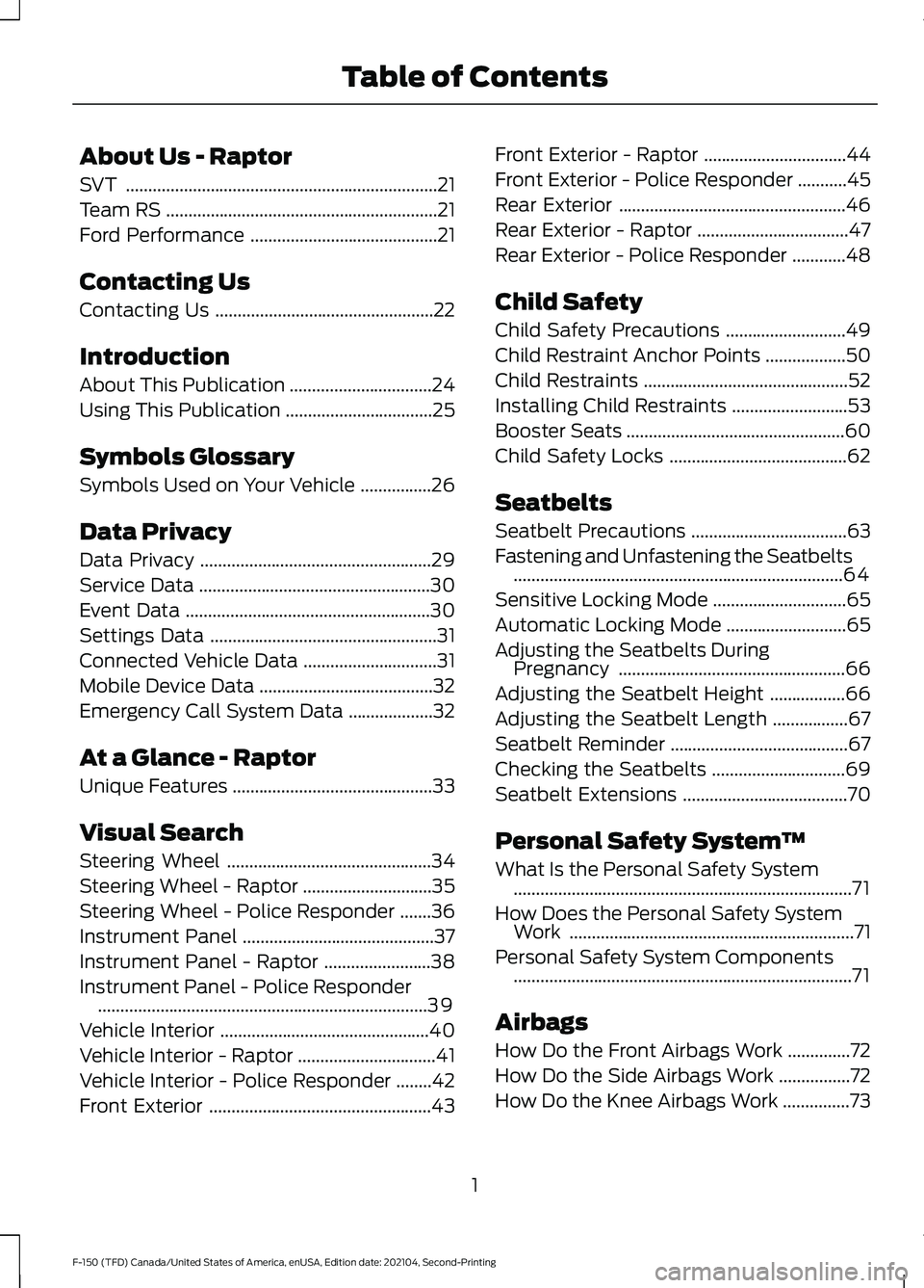 FORD F-150 2021  Owners Manual About Us - Raptor
SVT
......................................................................21
Team RS .............................................................
21
Ford Performance ...............