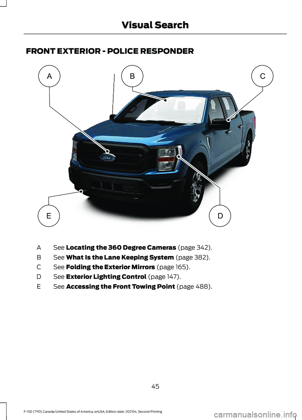 FORD F-150 2021 Owners Manual FRONT EXTERIOR - POLICE RESPONDER
See Locating the 360 Degree Cameras (page 342).
A
See
What Is the Lane Keeping System (page 382).
B
See
Folding the Exterior Mirrors (page 165).
C
See
Exterior Lig FORD F-150 2021 Owners Manual FRONT EXTERIOR - POLICE RESPONDER
See Locating the 360 Degree Cameras (page 342).
A
See
What Is the Lane Keeping System (page 382).
B
See
Folding the Exterior Mirrors (page 165).
C
See
Exterior Lig