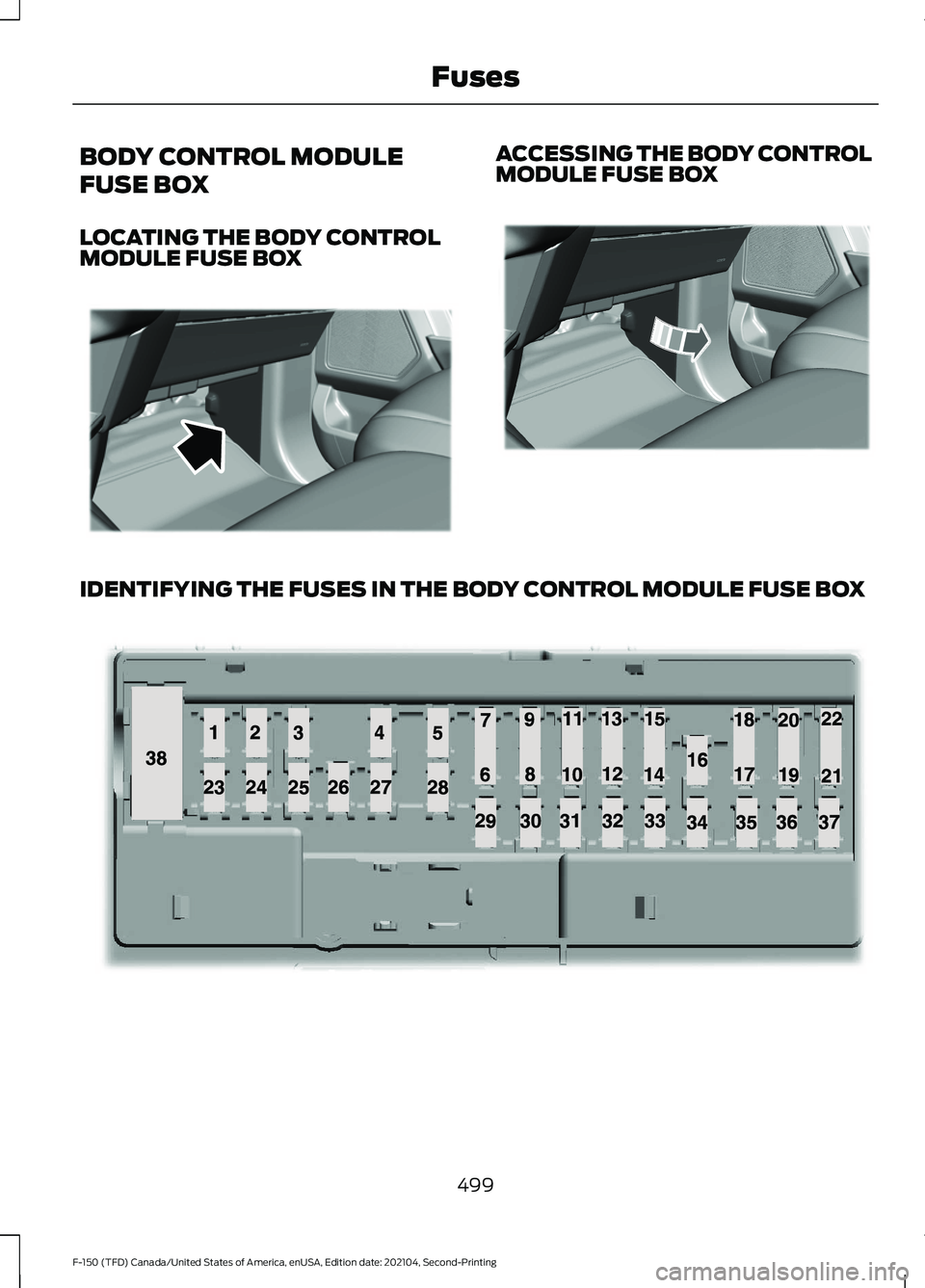 FORD F-150 2021 Owners Manual BODY CONTROL MODULE
FUSE BOX
LOCATING THE BODY CONTROL
MODULE FUSE BOX ACCESSING THE BODY CONTROL
MODULE FUSE BOX
IDENTIFYING THE FUSES IN THE BODY CONTROL MODULE FUSE BOX
499
F-150 (TFD) Canada/Unite FORD F-150 2021 Owners Manual BODY CONTROL MODULE
FUSE BOX
LOCATING THE BODY CONTROL
MODULE FUSE BOX ACCESSING THE BODY CONTROL
MODULE FUSE BOX
IDENTIFYING THE FUSES IN THE BODY CONTROL MODULE FUSE BOX
499
F-150 (TFD) Canada/Unite