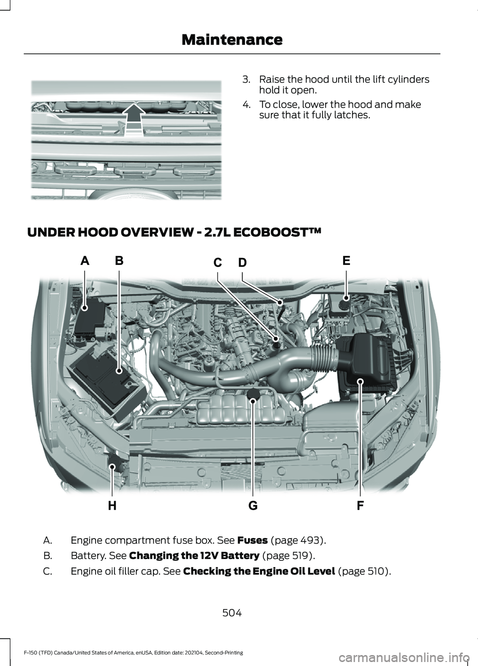 FORD F-150 2021 Owners Manual 3. Raise the hood until the lift cylinders
hold it open.
4. To close, lower the hood and make sure that it fully latches.
UNDER HOOD OVERVIEW - 2.7L ECOBOOST™ Engine compartment fuse box. See Fuses FORD F-150 2021 Owners Manual 3. Raise the hood until the lift cylinders
hold it open.
4. To close, lower the hood and make sure that it fully latches.
UNDER HOOD OVERVIEW - 2.7L ECOBOOST™ Engine compartment fuse box. See Fuses